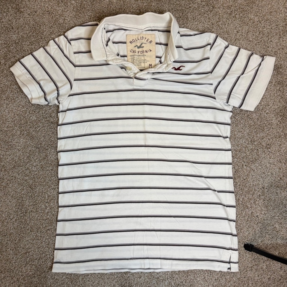 Hollister Polo Shirt Women M White Striped Short Sleeve Cotton Casual Logo